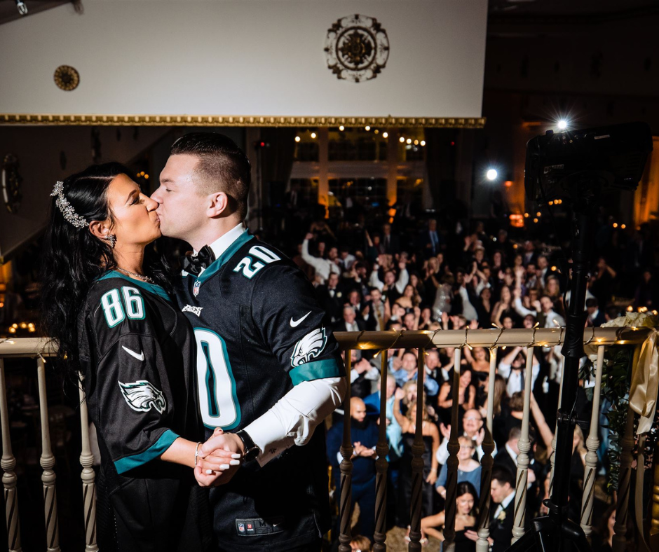 155 BVTLive! Philadelphia Wedding newlyweds kiss in Eagles jerseys on their wedding day!