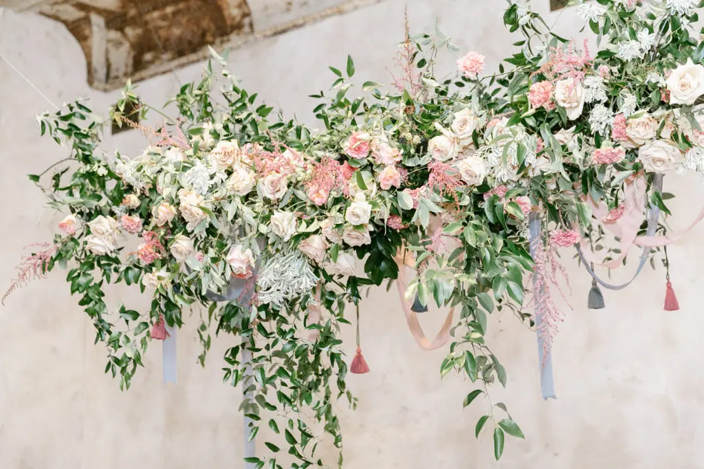 Wedding Floral Chandelier by Emily Wren Photography Pink and white rose wedding floral chandelier