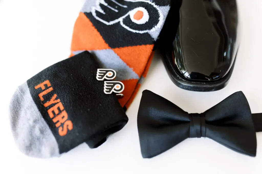 Flyers Cufflinks by Rebekah Viola Flyers themed socks and cufflings, bowtie and shoes