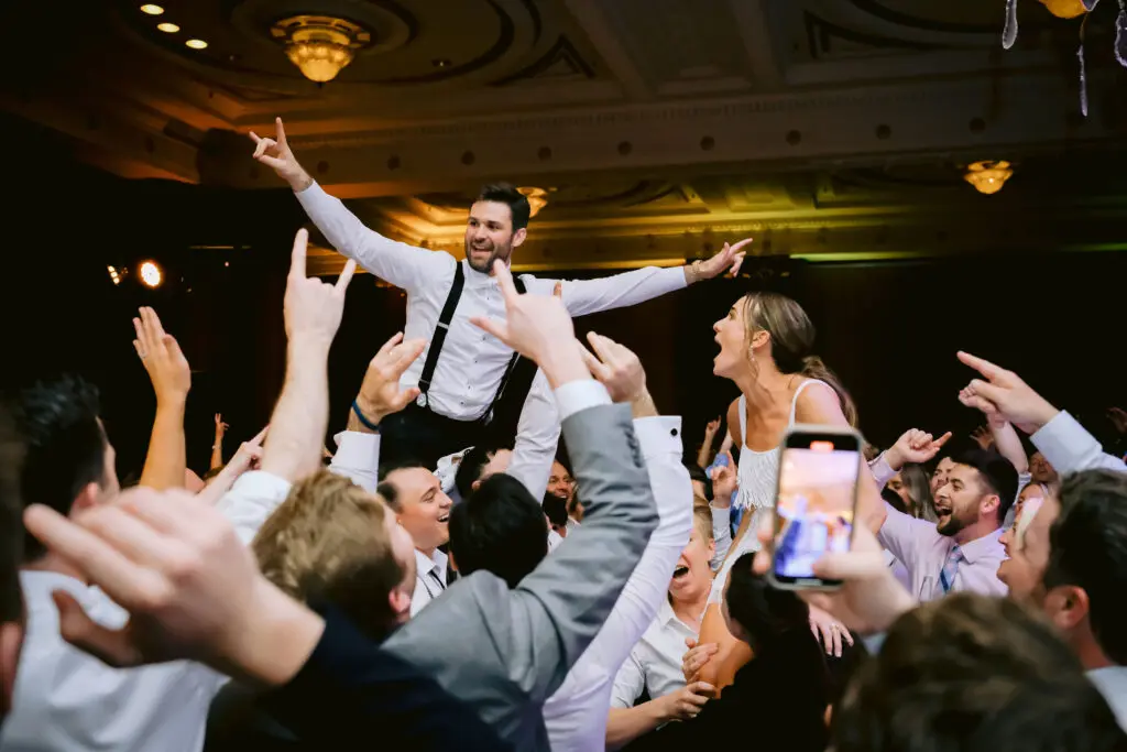 Bride and Groom with Guests at Crystal Tea Room by Alison Conklin Photography