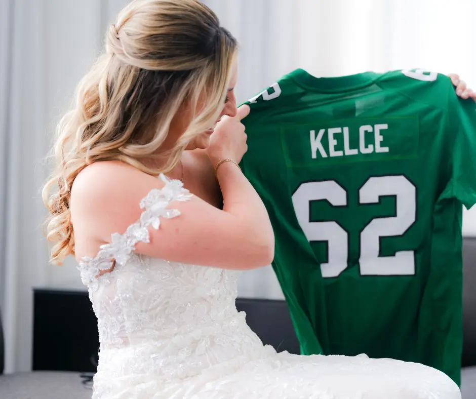 Eagles Jersey by Alison Conklin Bride holding kelly green Jason Kelce Jersey