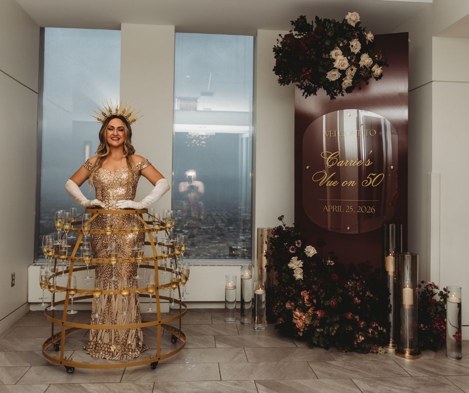 Champagne Skirt Greeter Performer at Vue on 50 in Gold