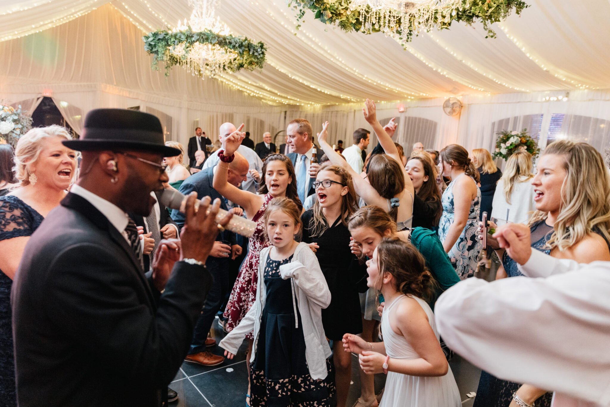 Floral centerpieces above the dance floor 