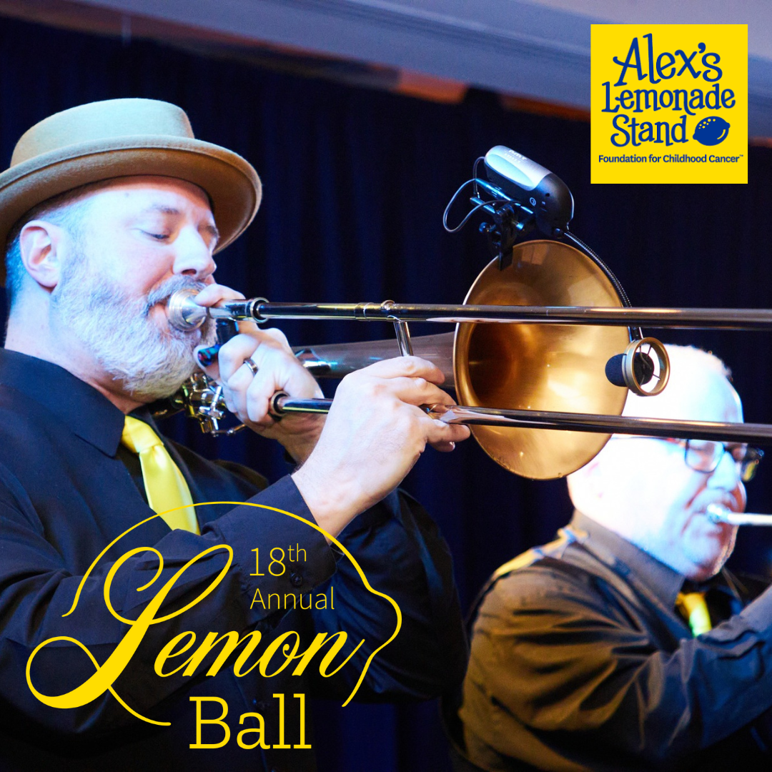 Lemon Ball 2024 (5) BVTLive! band Strangers trombone player with Alex's Lemonade Stand and Lemon Ball logos